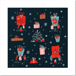 Festive Christmas pattern illustration: people, kindness, gifts, snow and Christmas tree Posters and Art